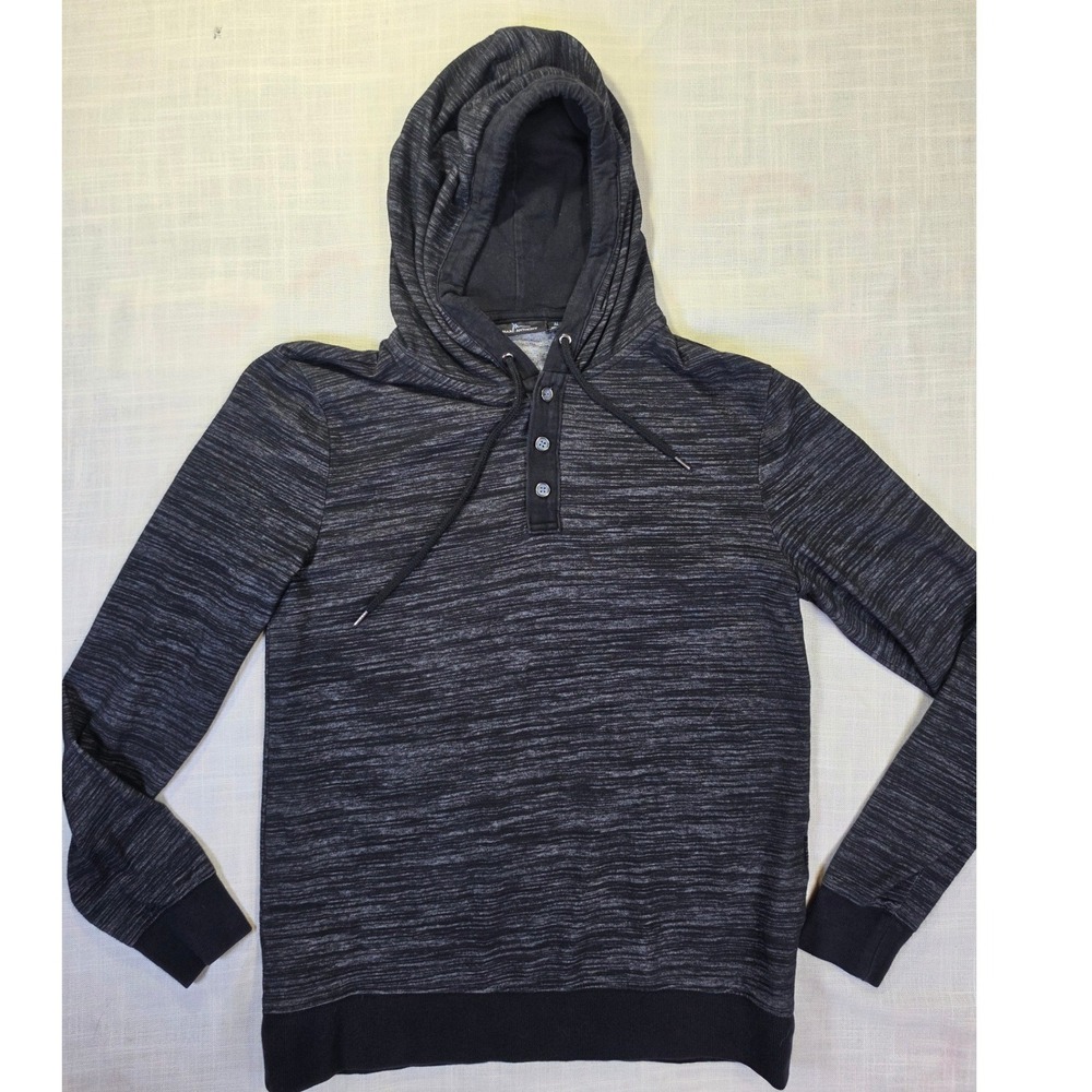 Marc Anthony Mens Space Dye Henley Hoodie Charcoal Black Marled Pullover Medium